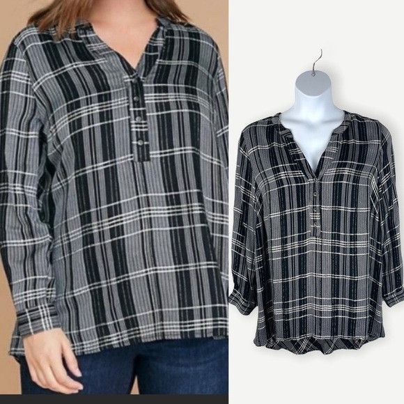 Lane Bryant Black Sequin Plaid Metallic Swing Popover Top Size 18 - Picture 1 of 12